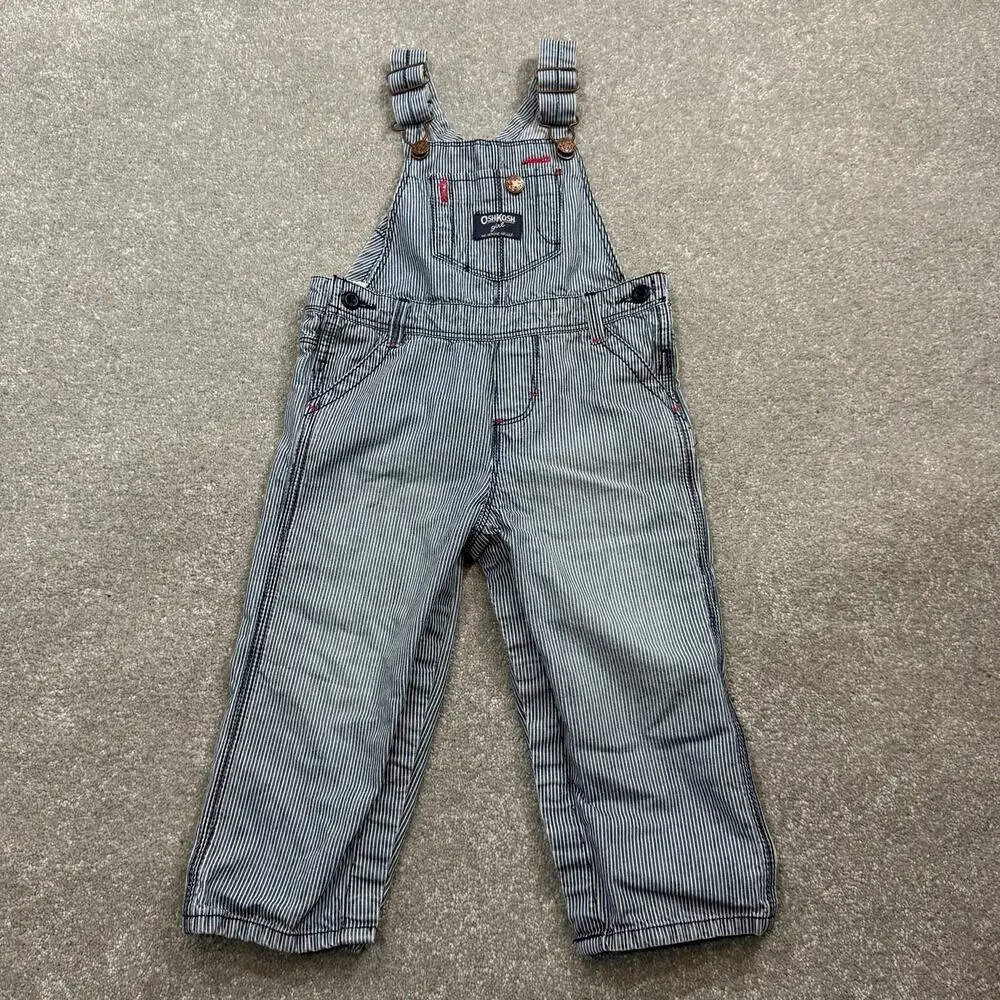 OshKosh BGosh Hickory Stripe Denim Bib Overalls Blue Pink Girls‎ 24 Mos Railroad