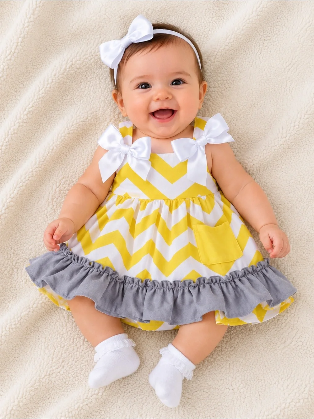 Unbranded Yellow & White Chevron Baby Sundress with Gray Trim