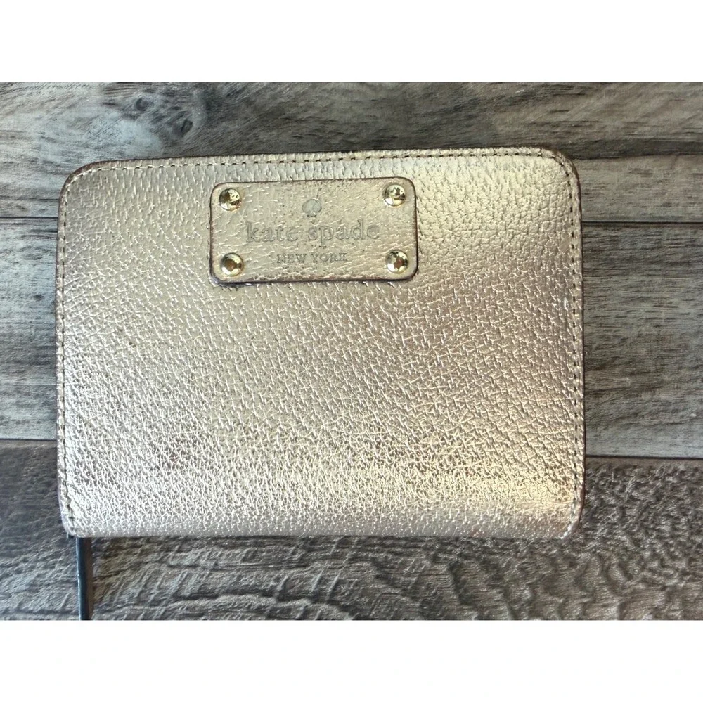 Kate Spade Bifold Wallet Gold Metallic Pebbled Leather Designer Glam Chic