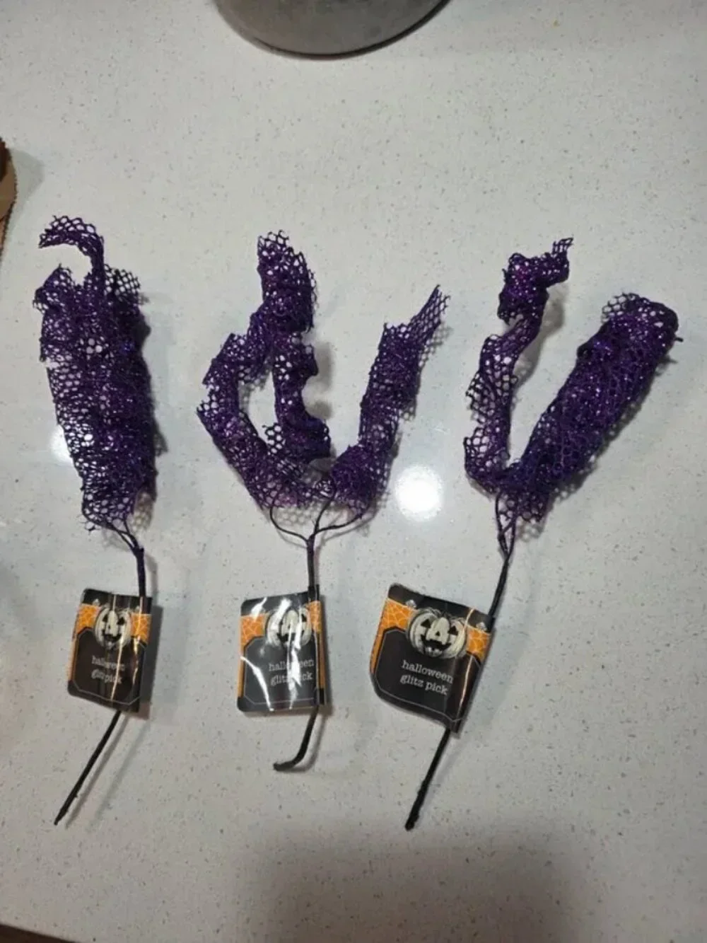 Purple glitter Halloween decorative picks, floral arrangement accessories
