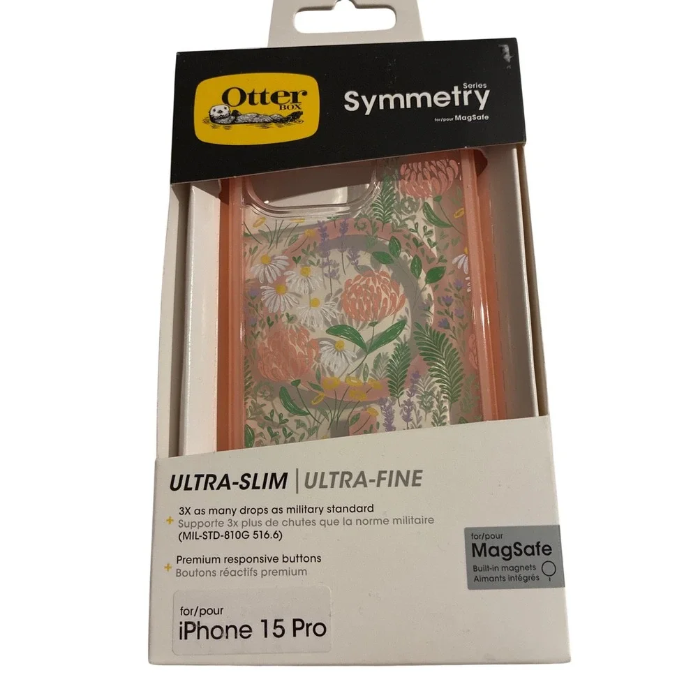 OtterBox Symmetry Series MagSafe Case‎ iPhone 15 Pro Floral Clear Peach Slim NEW