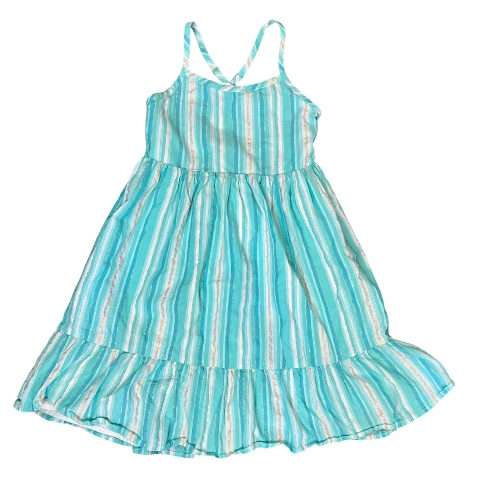 Gap‎ Kids Girls Turquoise Gold Metallic Striped Cross Back Tiered Dress S 6-7
