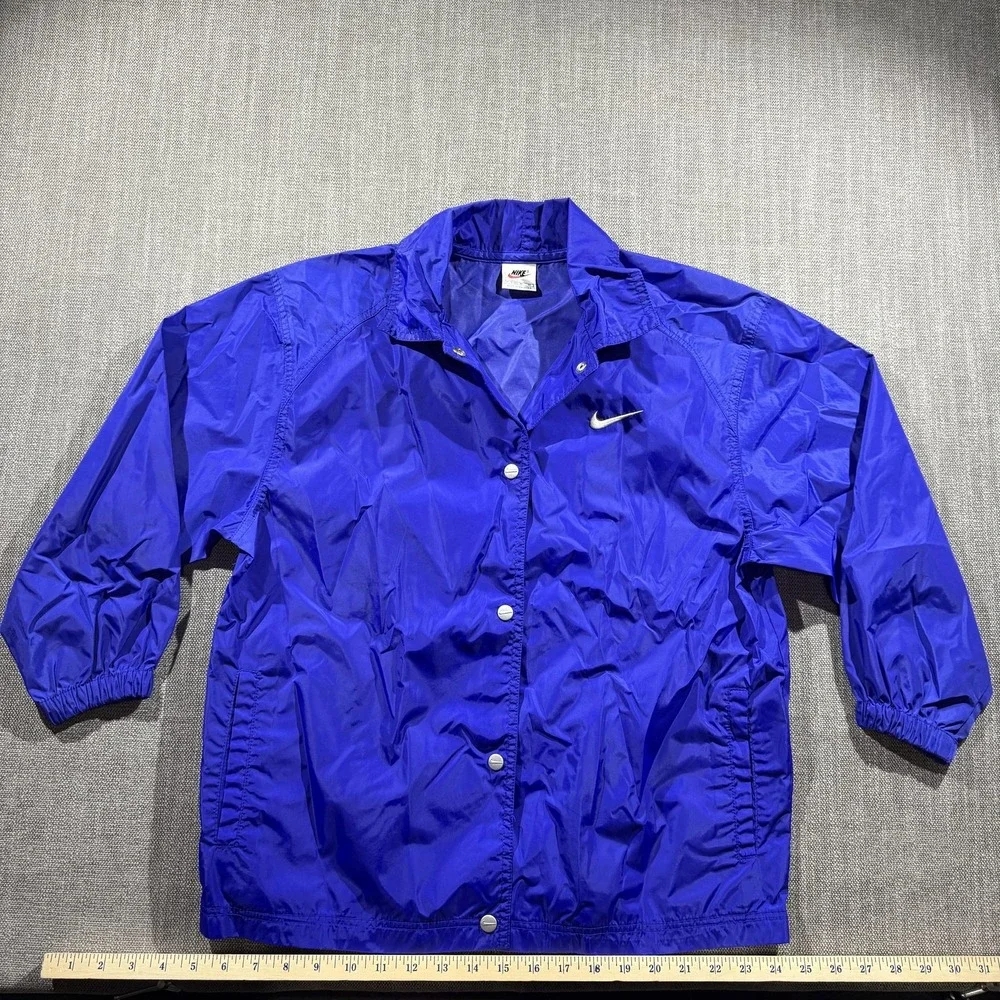 Vintage Nike Jacket Kids‎ Medium 10-12 Blue Nylon Swoosh Snap Windbreaker 90s