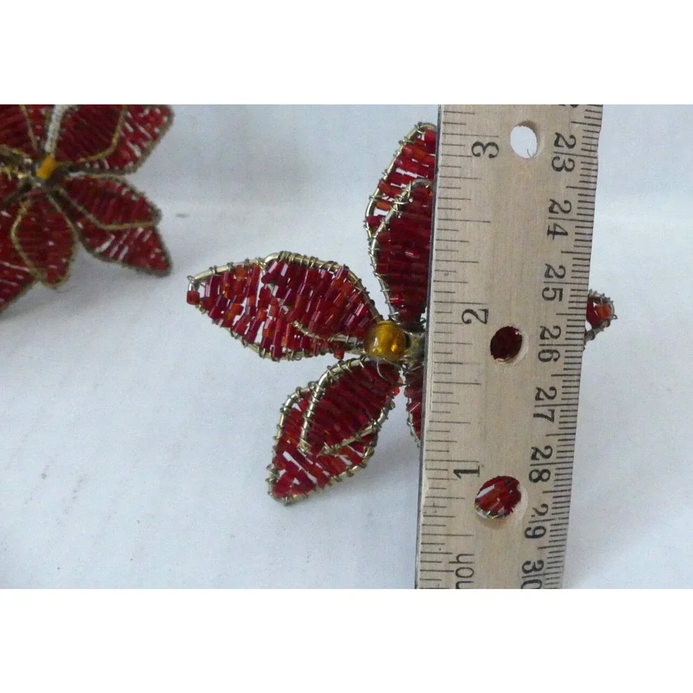 Red Bead Wire Wrapped Flower Napkin Rings Set‎ of 4 Layered Dimension Gold