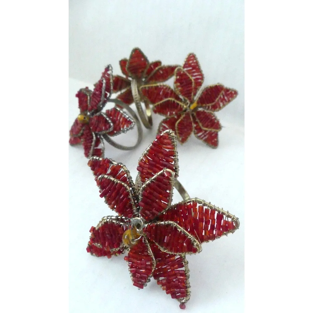 Red Bead Wire Wrapped Flower Napkin Rings Set‎ of 4 Layered Dimension Gold