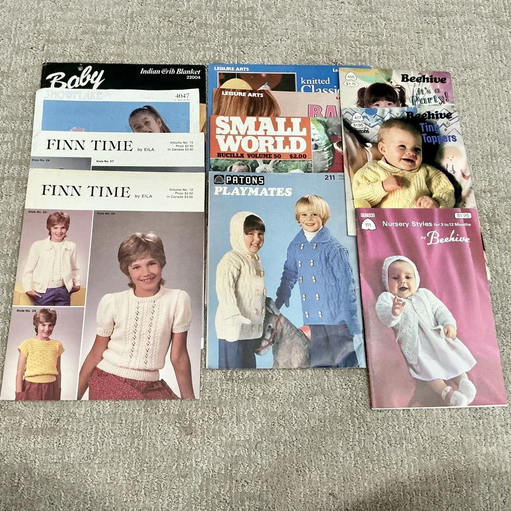 Lot 11 Vintage Knitting Crochet Pattern Books Baby Child Small World Finn Time