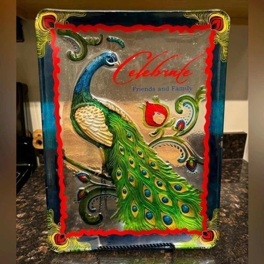 Celebrate Friends and Family Colorful‎ Peacock Glass Serving Tray 12