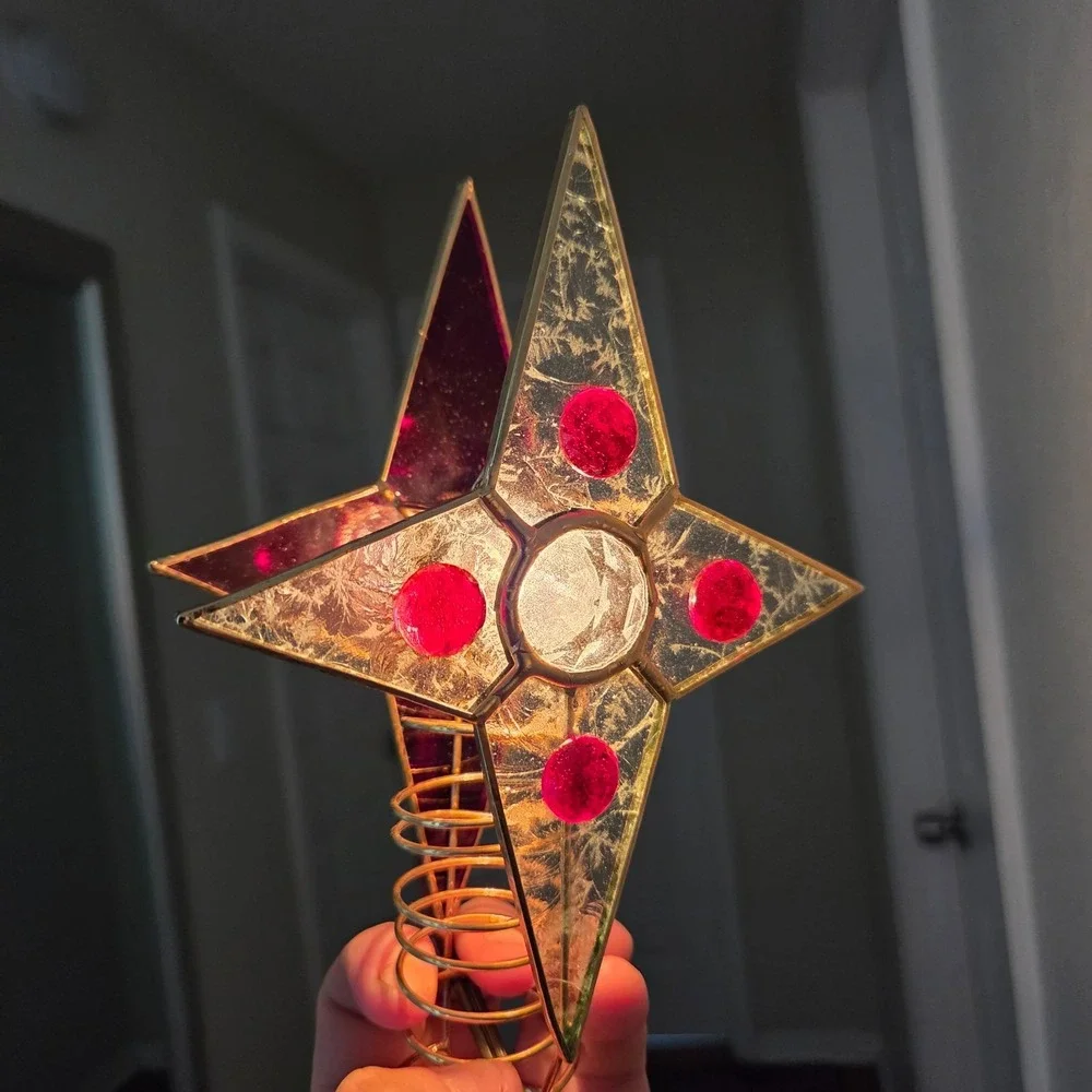Vintage Tiffany Style‎ Stained Glass Christmas Tree Topper Lighted Red Gold