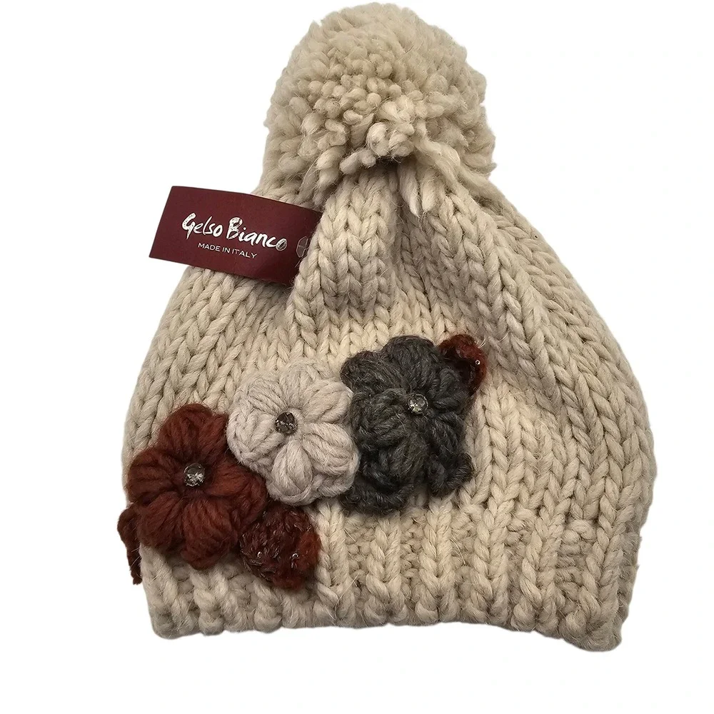 Gelso Bianco Alpaca Wool Blend Beanie OS Cream Cottagecore Floral Pom Pom Italy