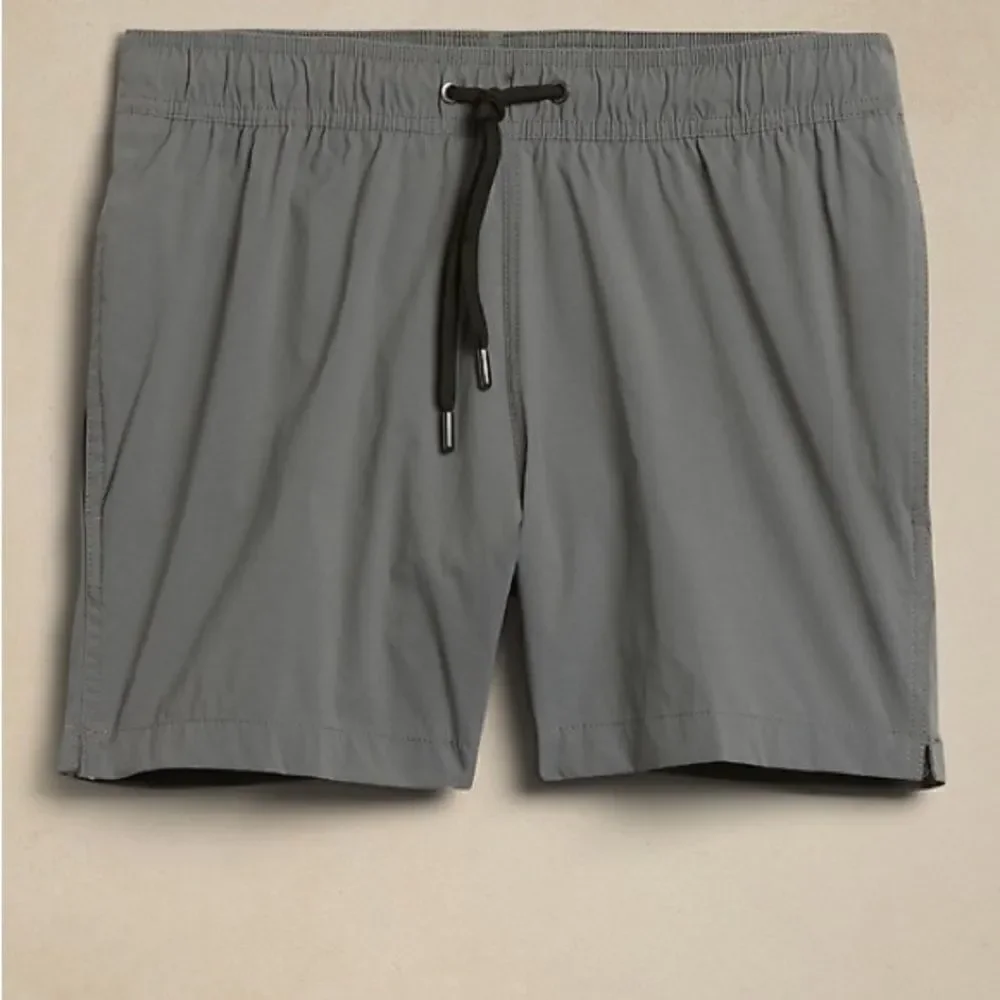 Onia Gray Swim Trunks with Black Drawstring and Comfortable Fit