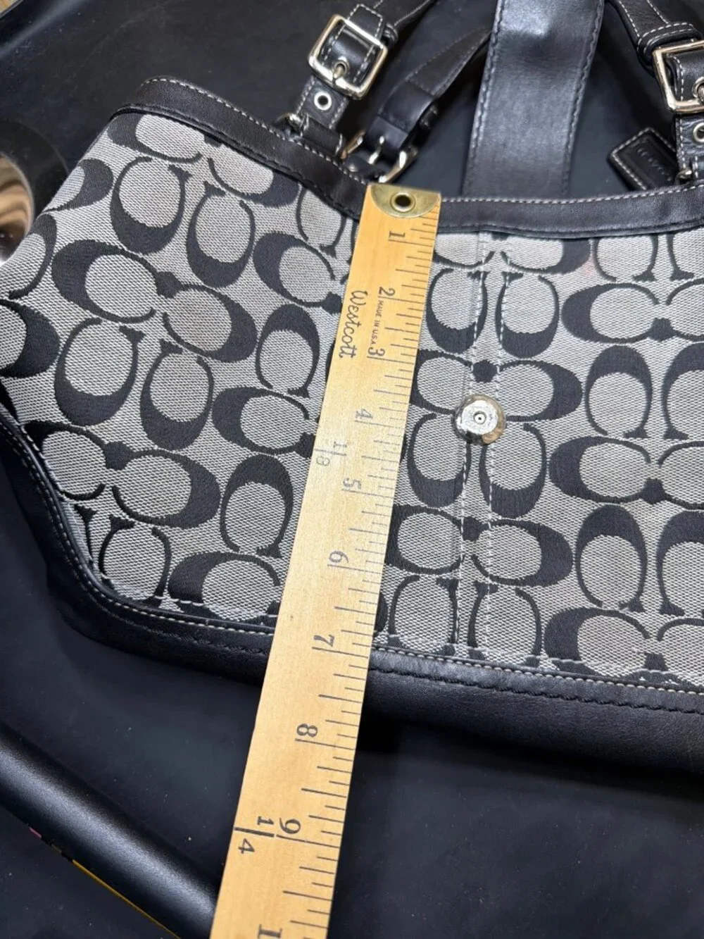 Coach Signature C Black Grey Canvas Buckle Tote Shoulder Bag Wallet Set F12642