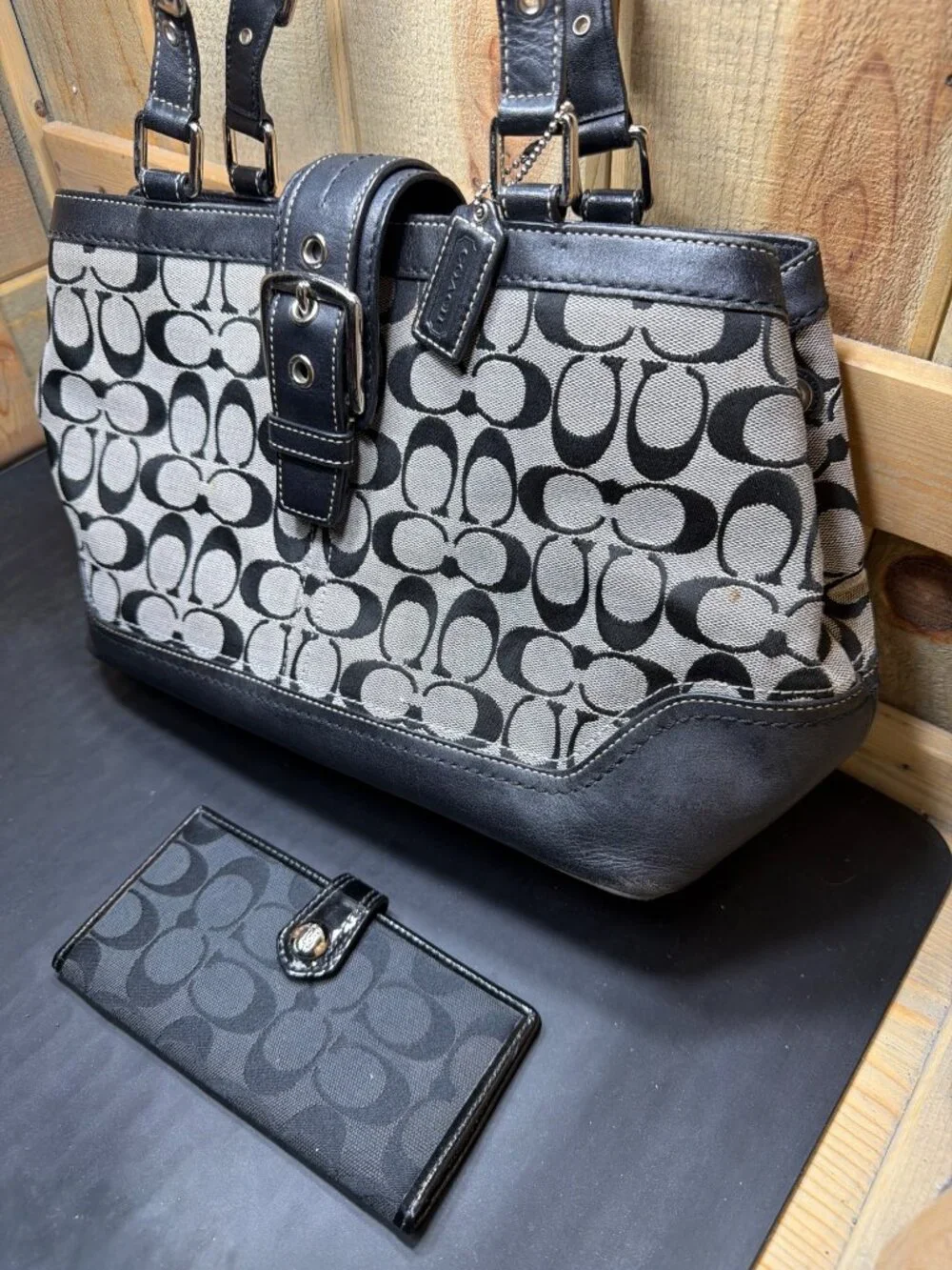 Coach Signature C Black Grey Canvas Buckle Tote Shoulder Bag Wallet Set F12642