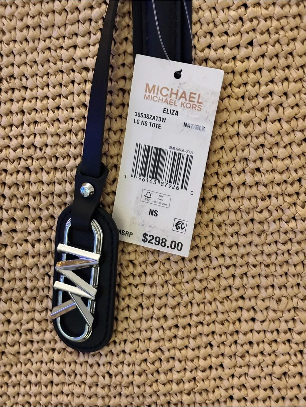 Michael Kors Eliza North/South Natural Woven Tote with Black Leather Pouch NWT