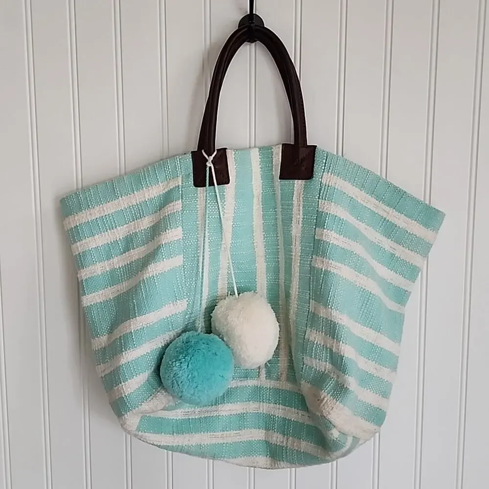 Crown & Ivy Retro Stripe Beach Tote Pom Bag