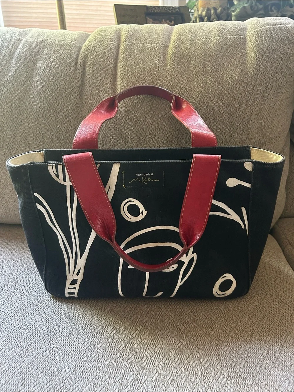 kate spade M Kalman Vtg Rare Black Canvas Bag Red Leather Handles Artsy Pop Art