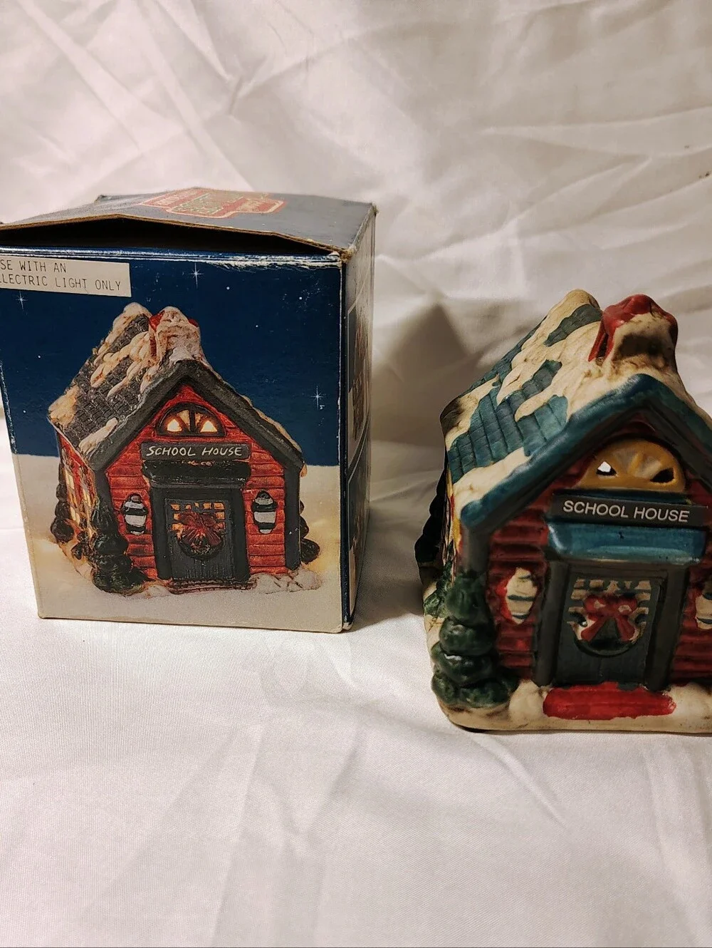 Holiday School House Ceramic Teal & Red Decorative Light