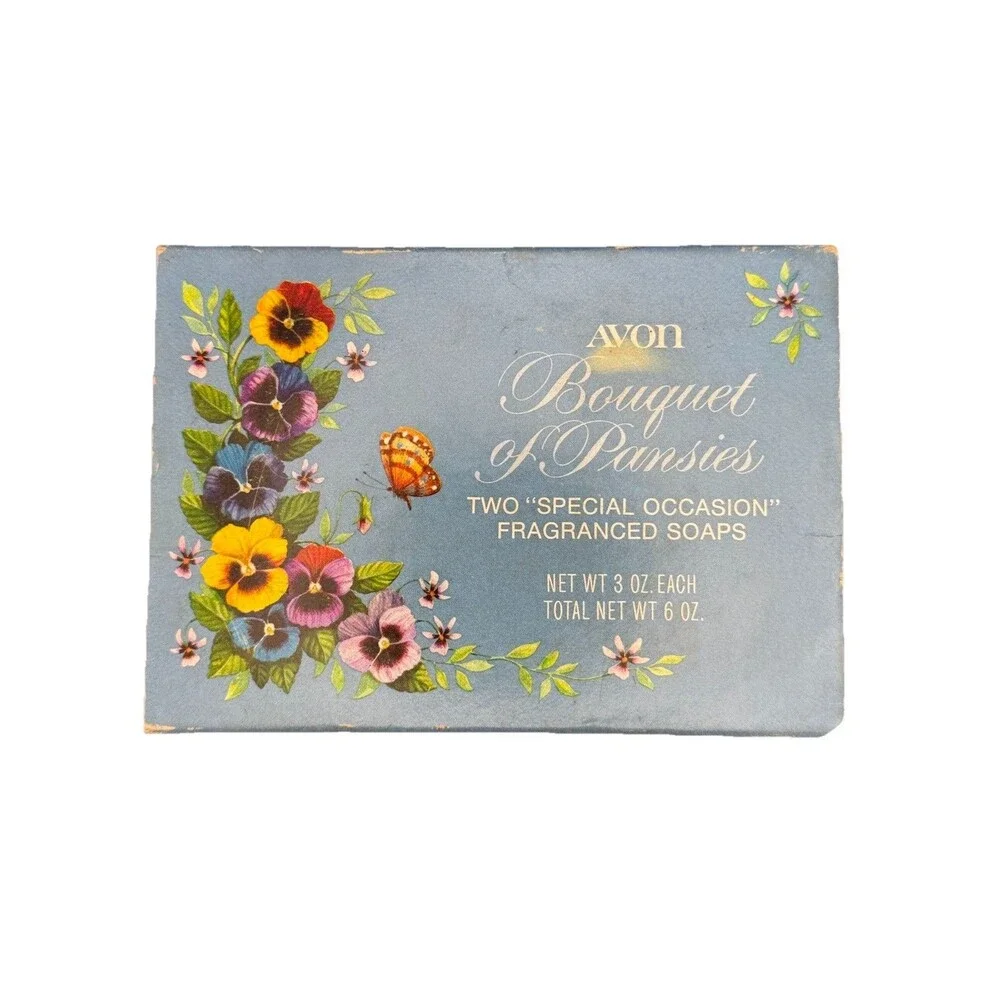 Vintage 1960s Avon Bouquet of Pansies Unused In Box 2 Soaps 3 oz Ea