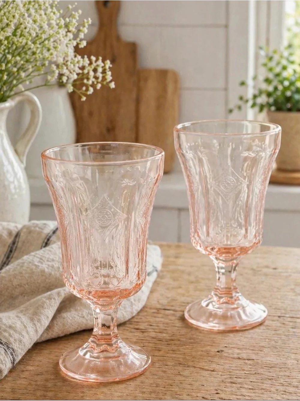 New Vintage Indiana Glass Company 4 PINK Footed Madrid Glasses Gobblet Cottage