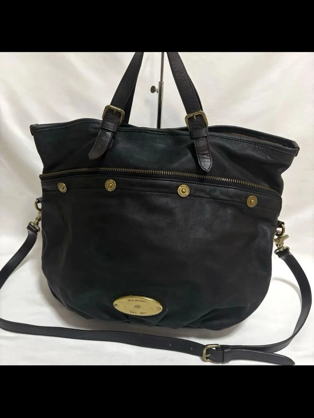 Mulberry Black Leather Shoulder Tote with Brass Hardware