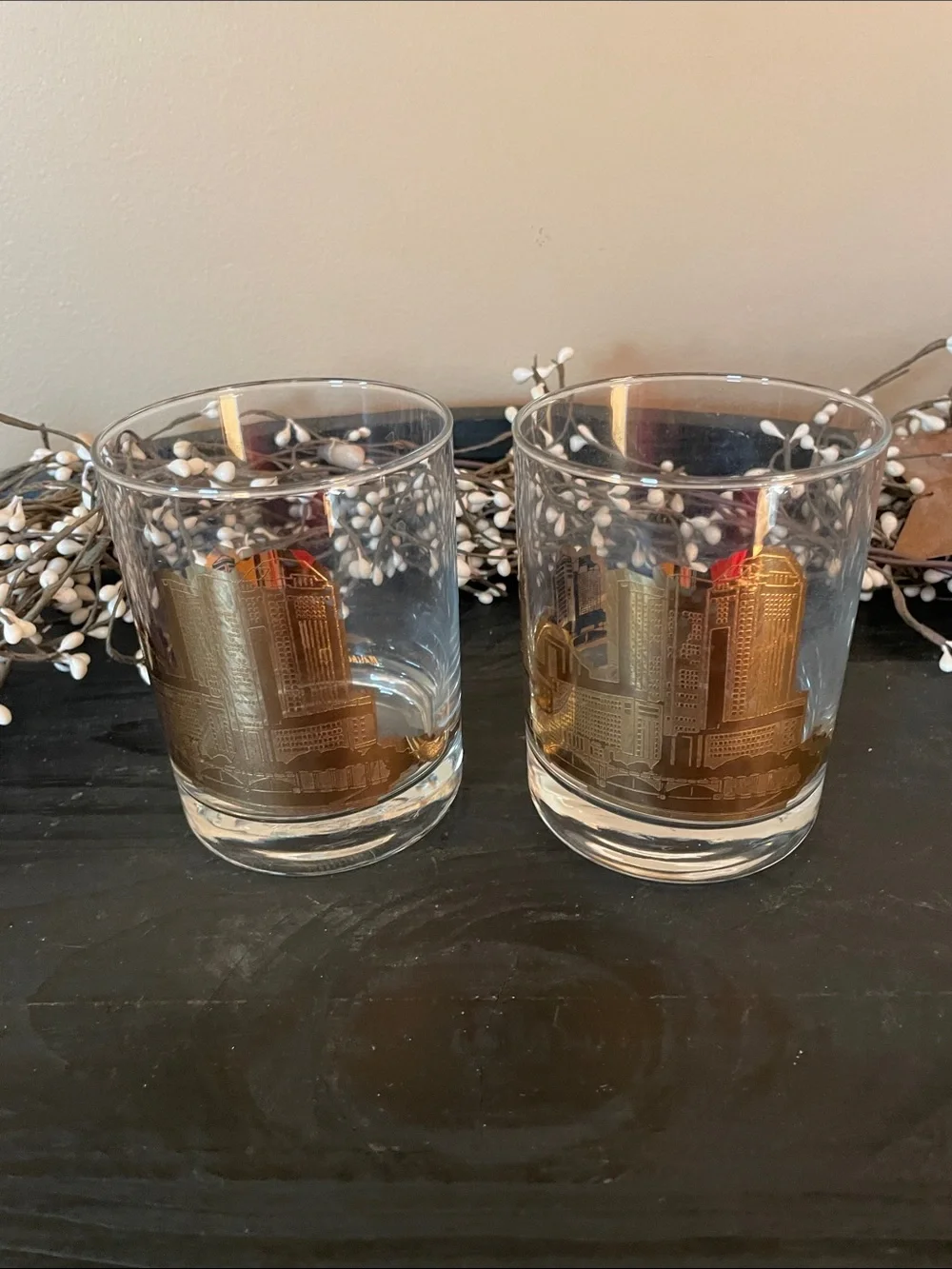 Vintage Marshall Fields Columbus Skyline Gold Etched Barware Tumblers - Set of 2