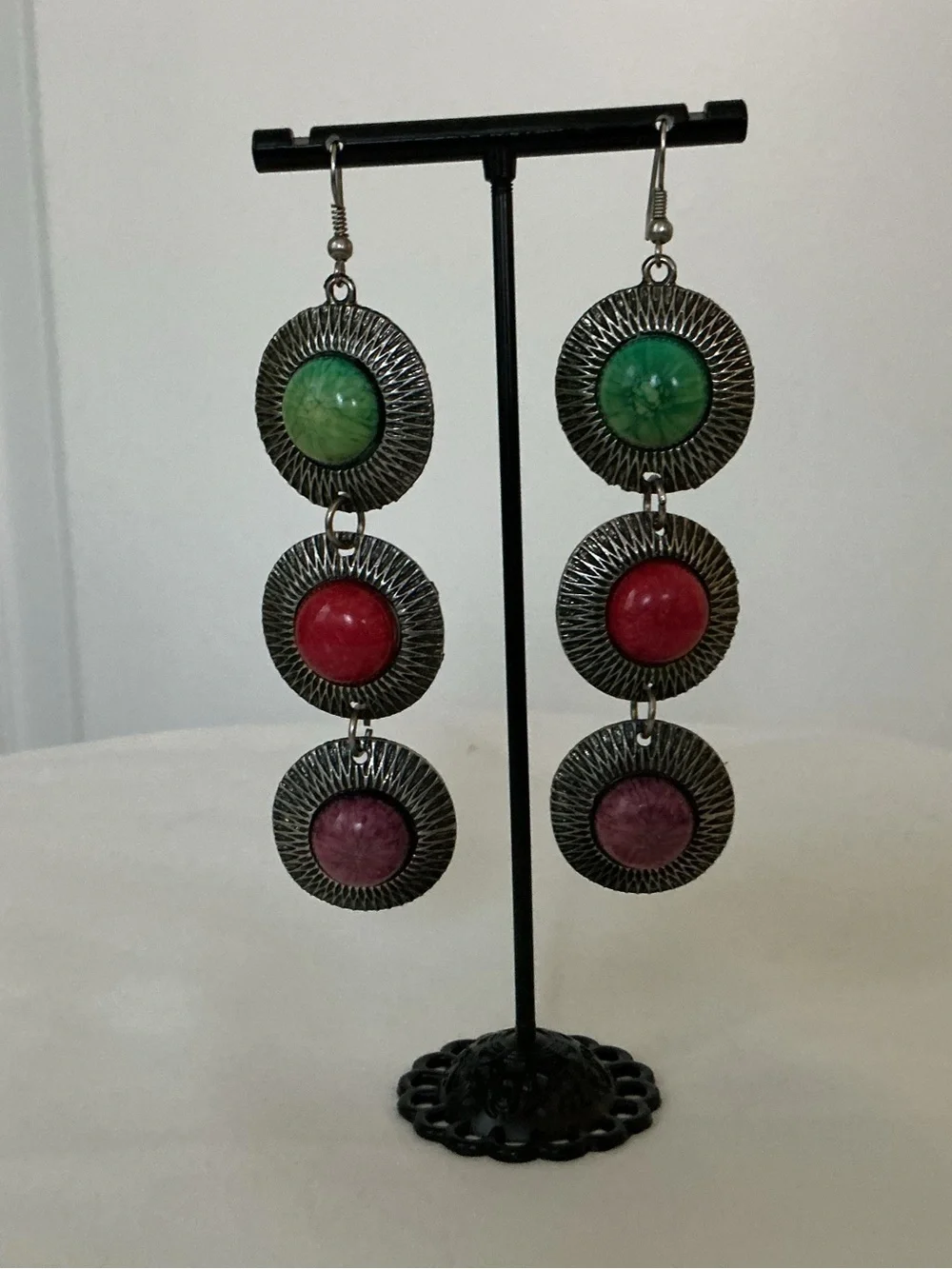 Triple Drop Disc Earrings with Green, Red & Purple Stones