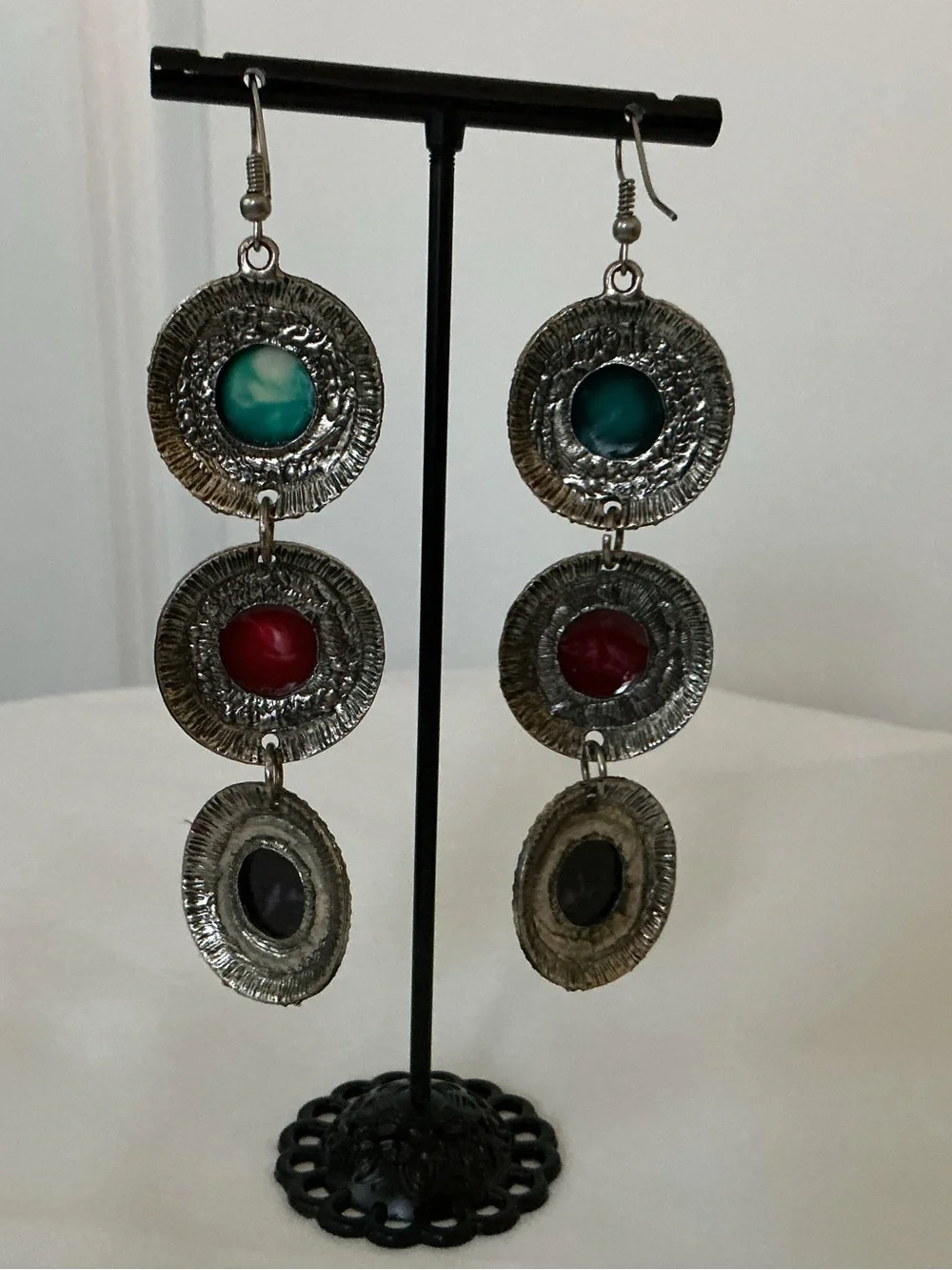 Triple Drop Disc Earrings with Green, Red & Purple Stones