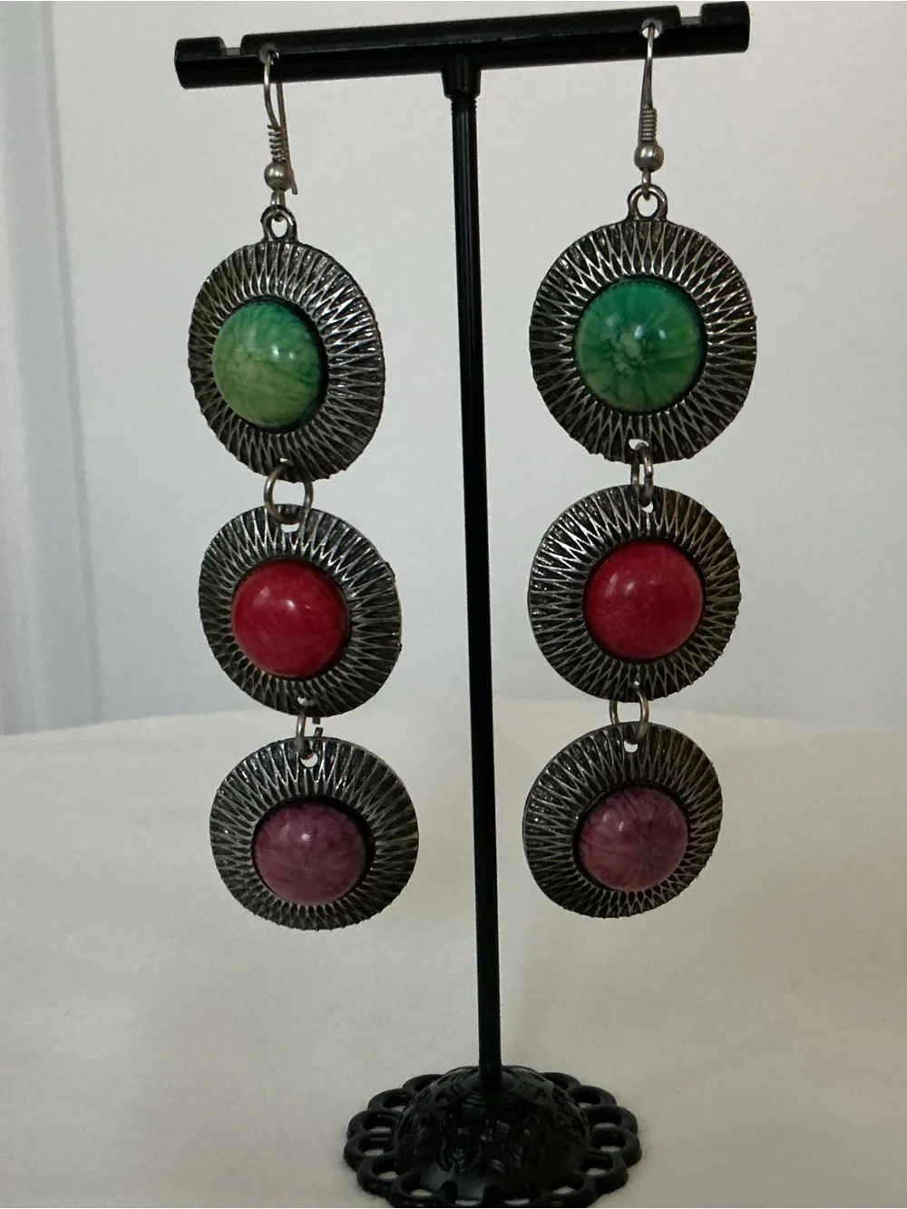 Triple Drop Disc Earrings with Green, Red & Purple Stones