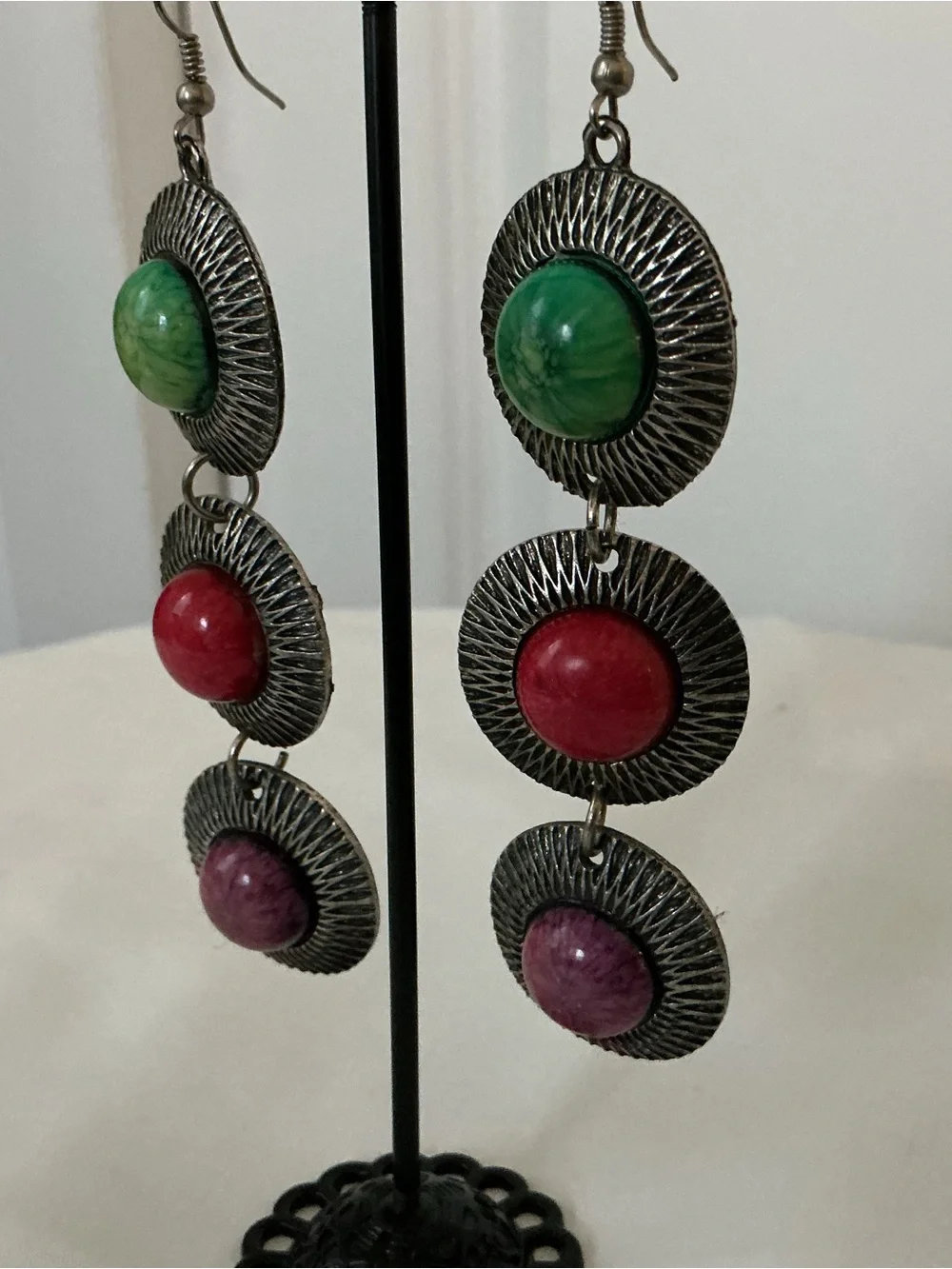 Triple Drop Disc Earrings with Green, Red & Purple Stones