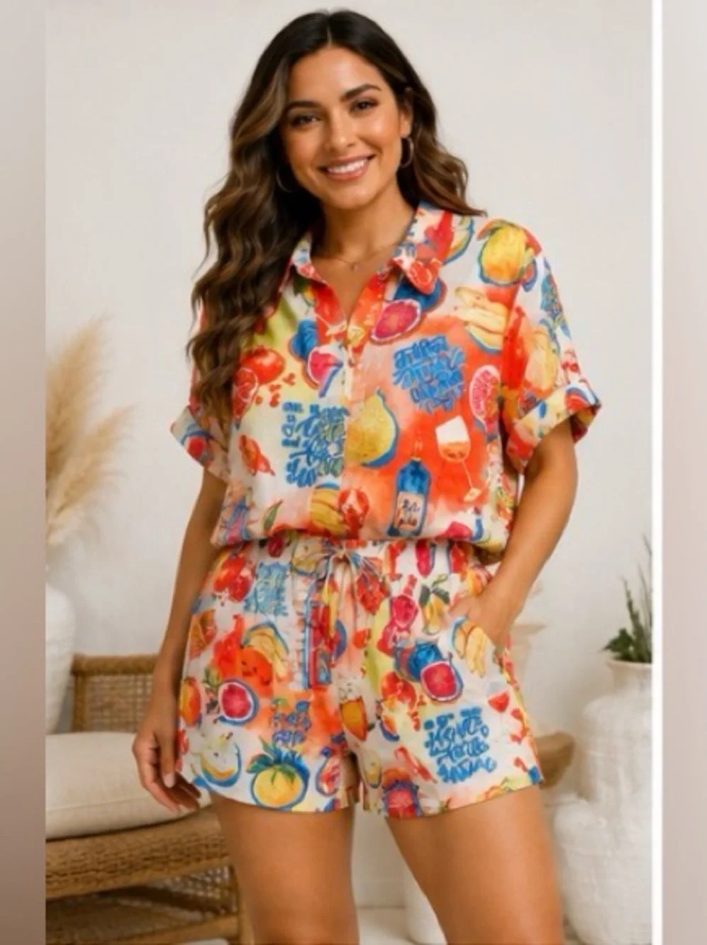 Endless Moon NWT Fruit Wine Print Shirt & Shorts Set Size Small Colorful Resort