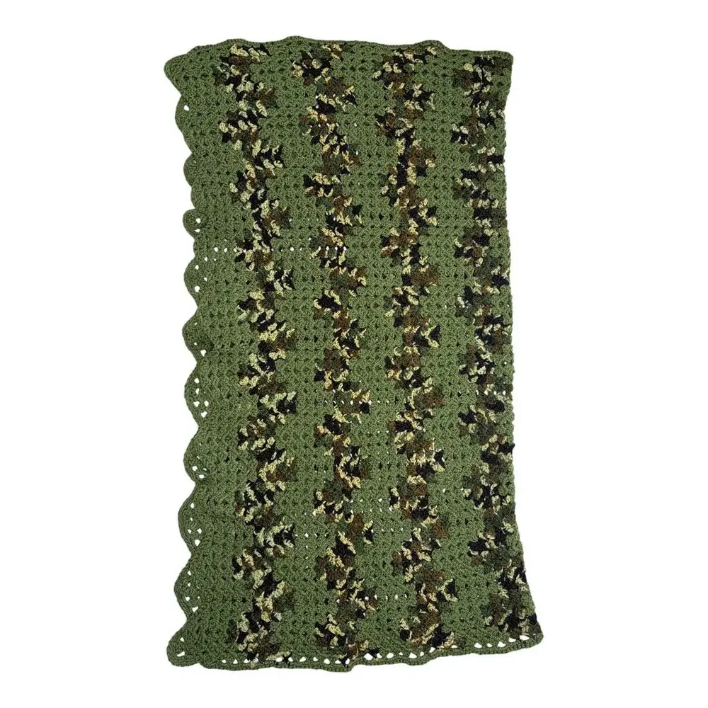 Vintage Afgan Handmade Crochet Blanket Throw Green Brown 53