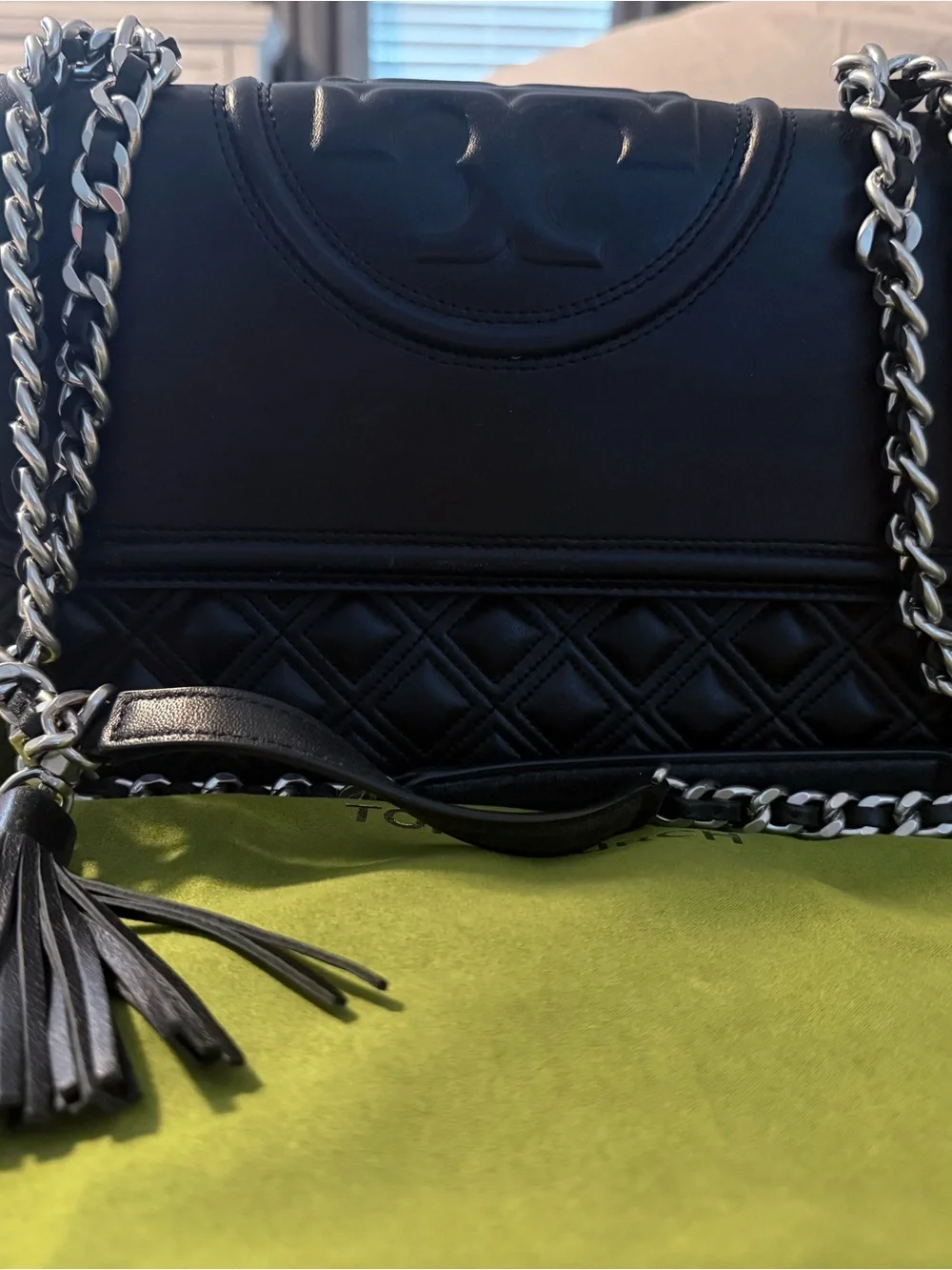 Tory Burch Fleming Black Quilted Leather Shoulder Bag with Chain Strap