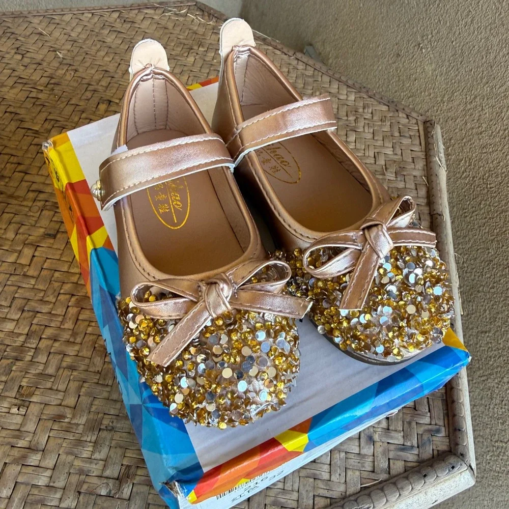 Shao Mary Jane Flats Kids Size 27 Rose Gold Sequin Bow Dress Shoes Sparkly Bling