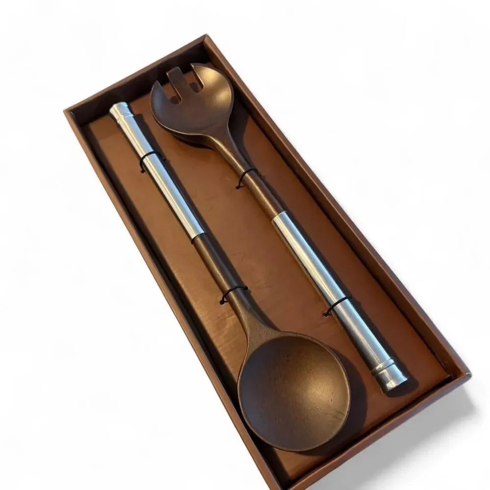 Vtg Atticus MCM Salad Server 2pc Wood Stainless Steel Mid Century Modern Gift
