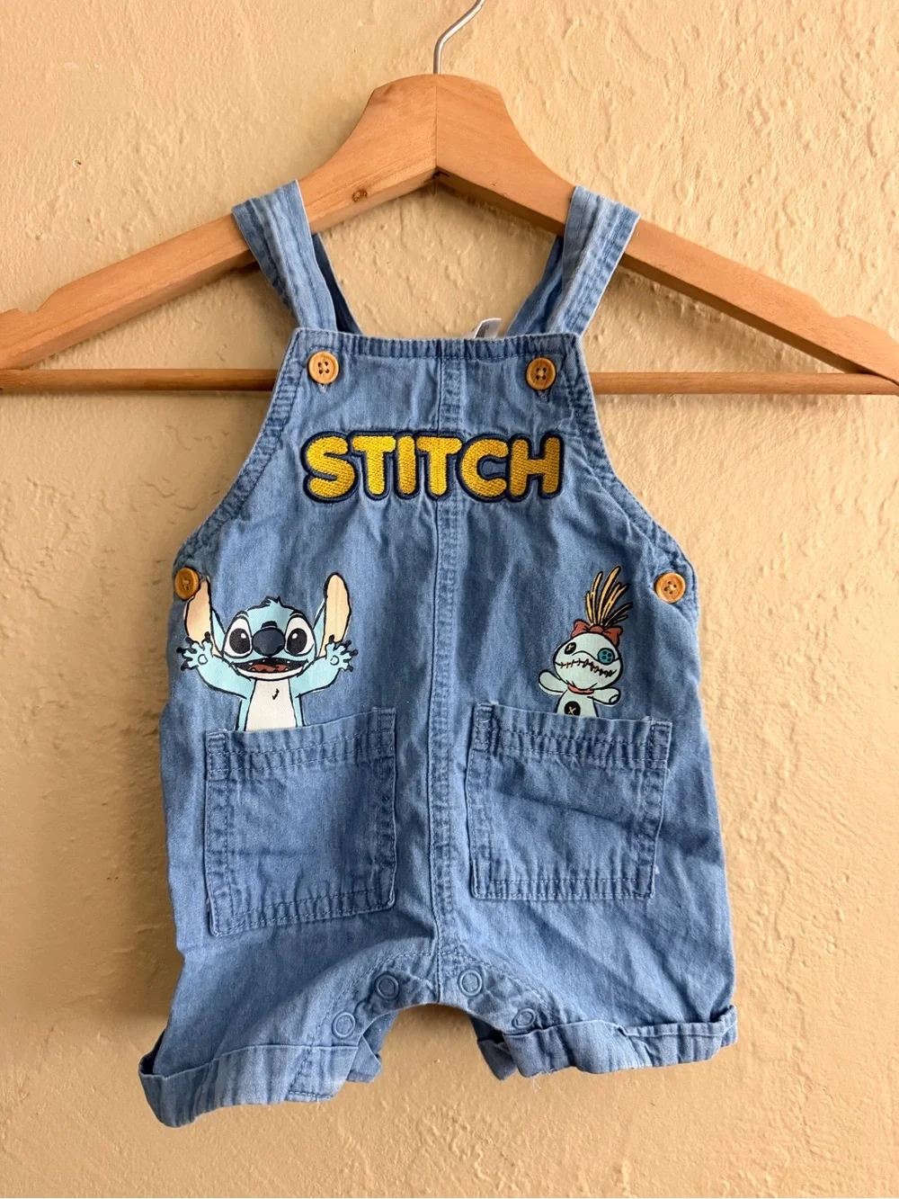 Disney Light Blue Denim Stitch Appliqué Shortalls