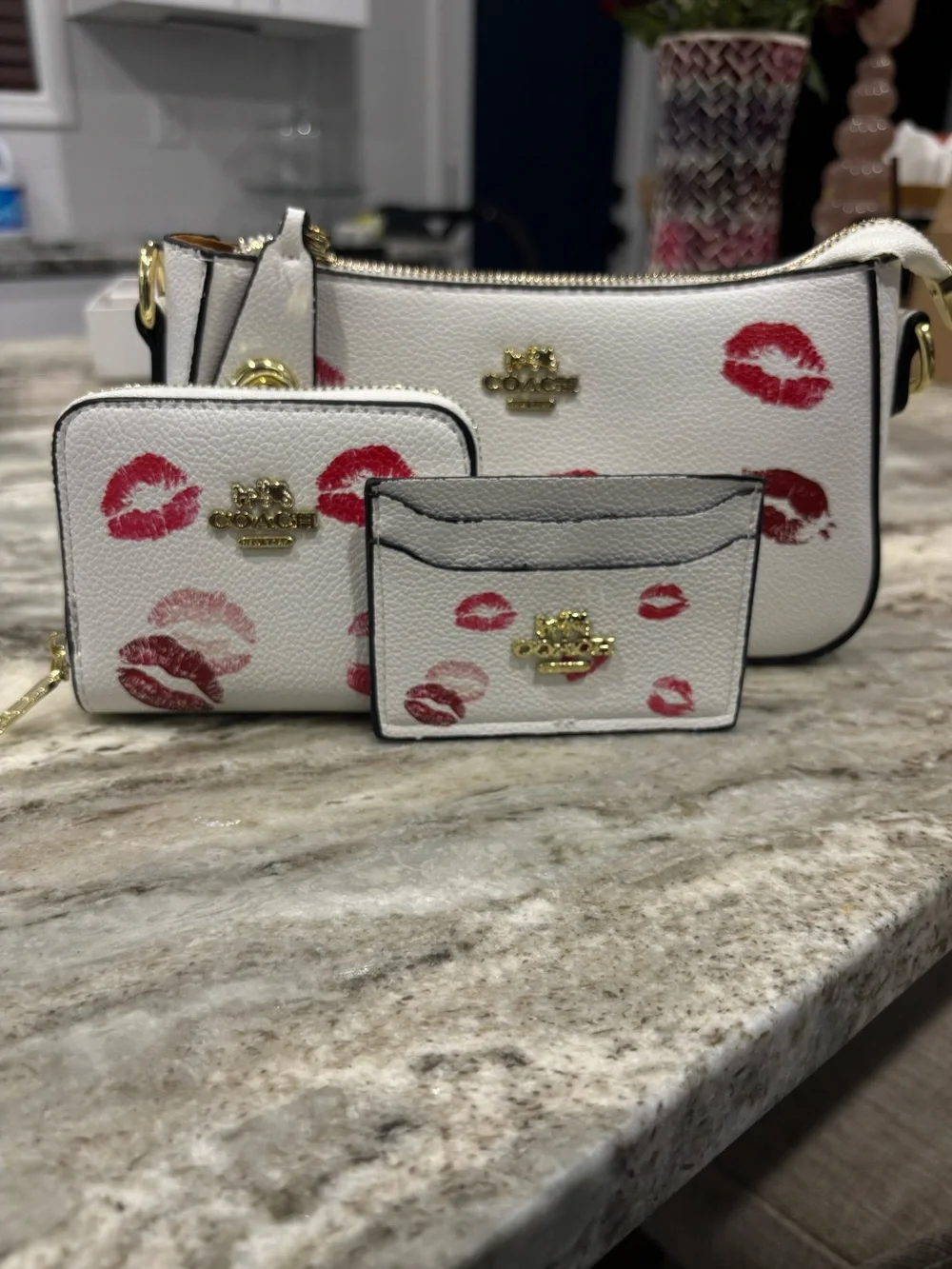 Coach White Leather Kiss Print Crossbody Set - White with Red & Pink Lips