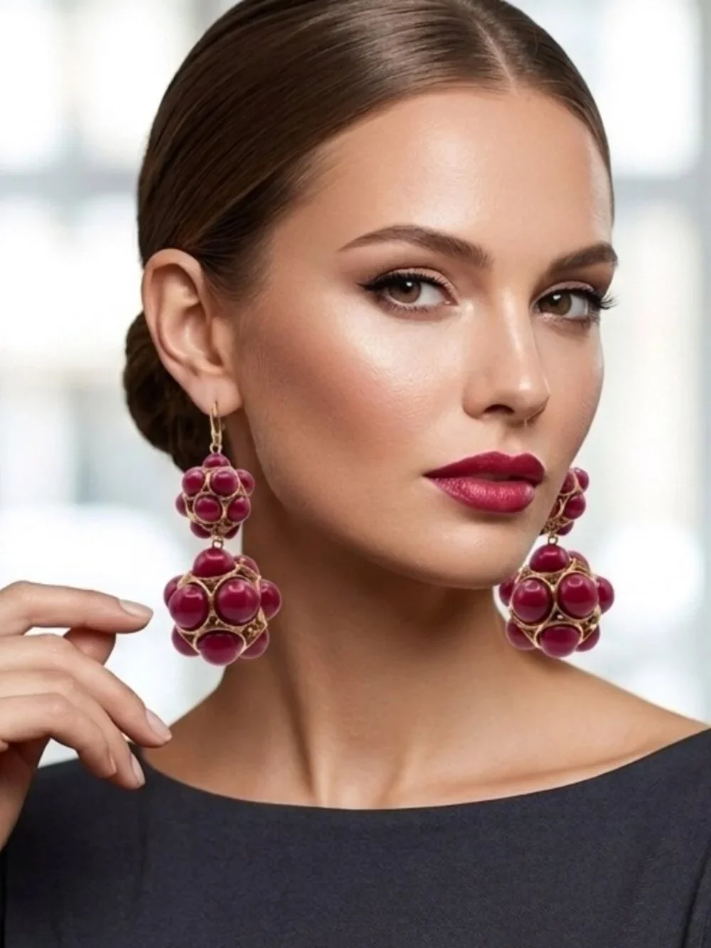 Gold & Deep Magenta Cluster Drop Earrings