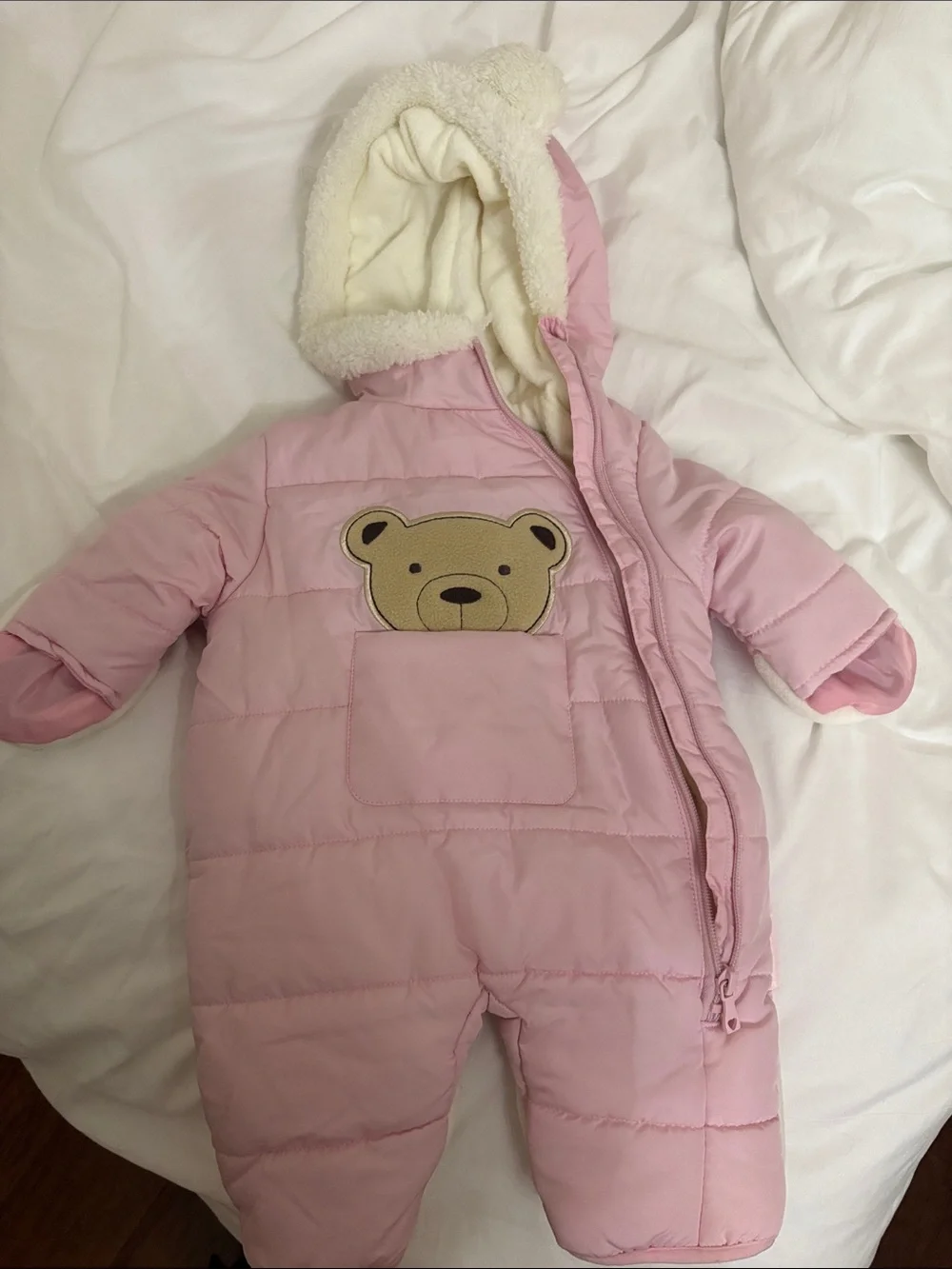 Wippette Pink Infant Hooded Snowsuit with Bear Applique