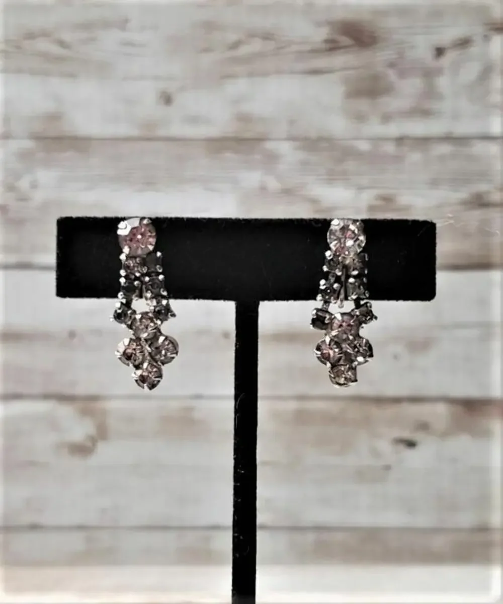Vintage Screw On Earrings Clear & Grey Gems Dangle