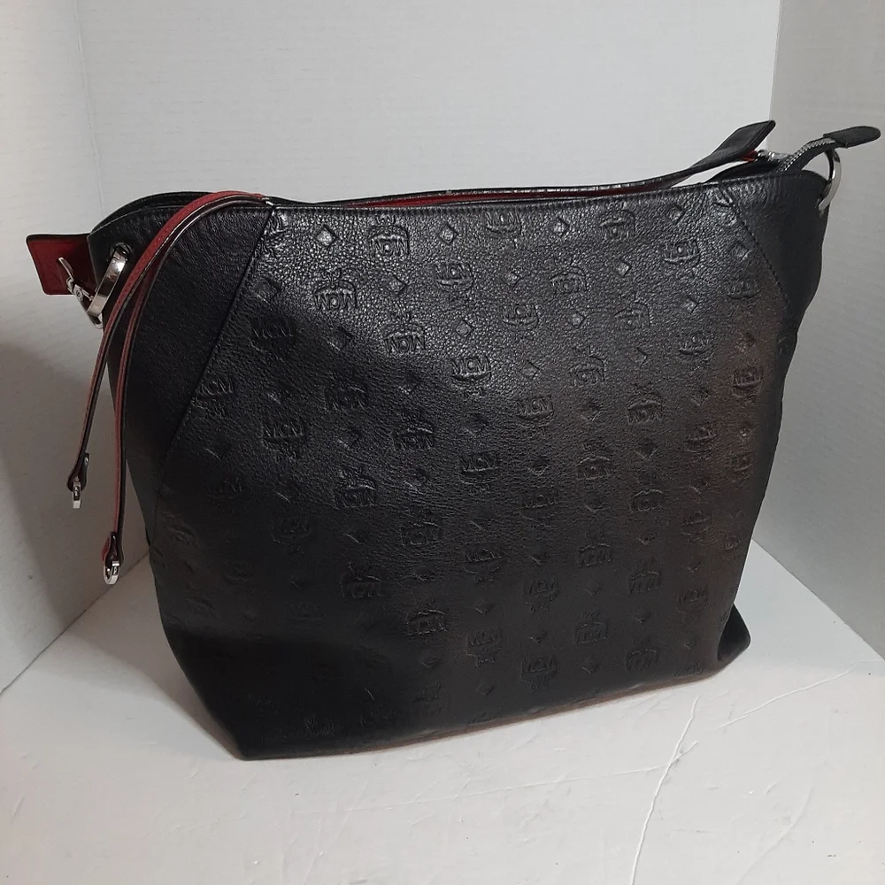 Black Embossed Crossbody Bag with Red Trim
