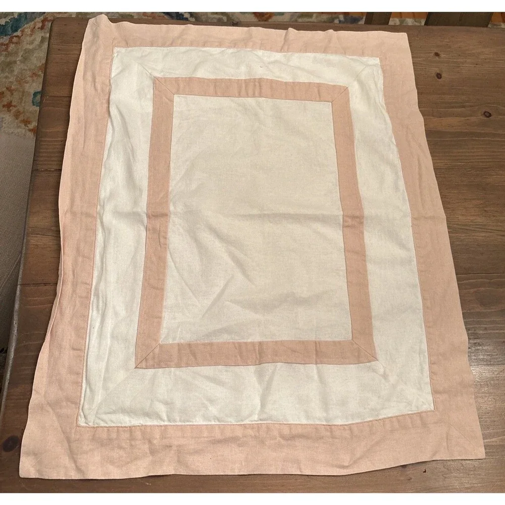 POTTERY BARN 1 CT STANDARD LINEN BLEND PILLOW SHAM WHITE WITH PINK BORDER