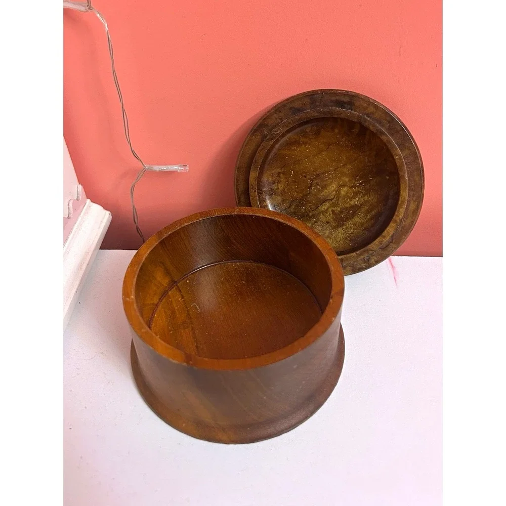 Handmade Round Wooden Lidded Trinket Box, Rustic Brown Wood Grain, Made in OR