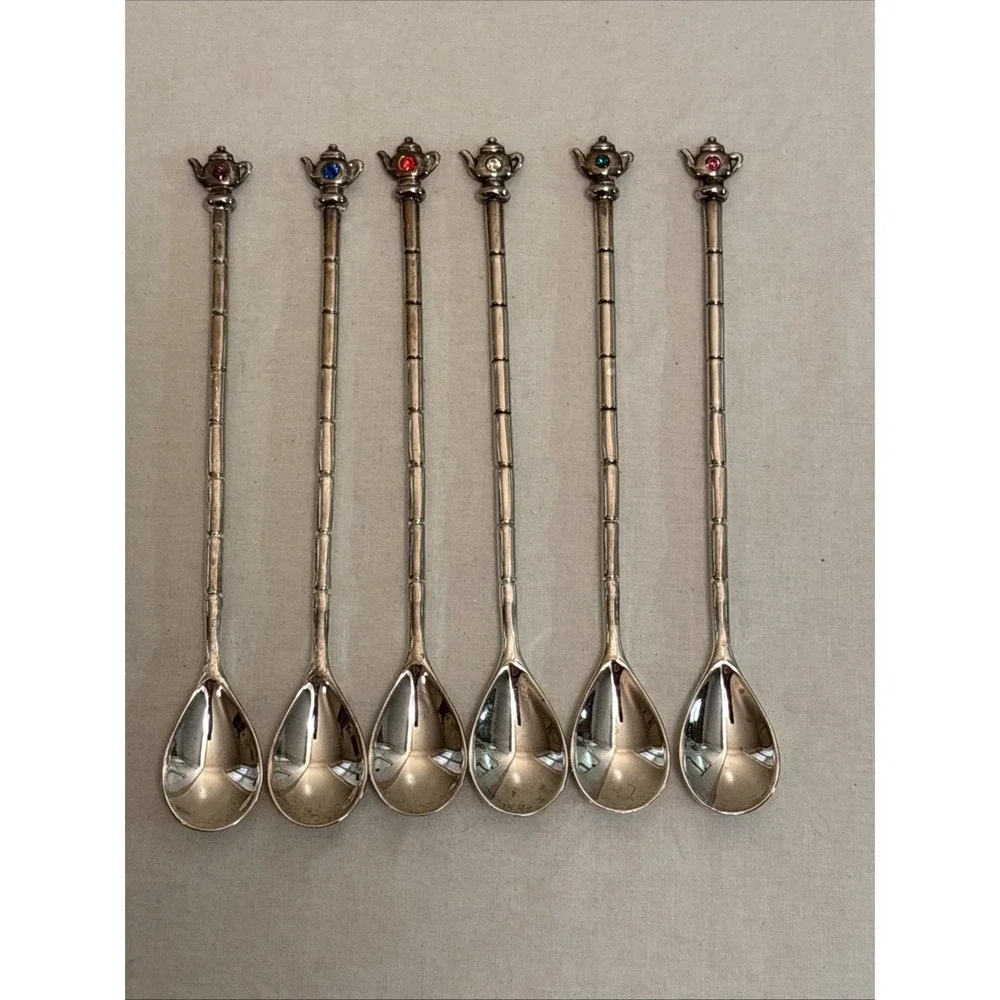 Silver Plated Tea Coffee Stirrer Spoons Set 6 Teapot Topper Color Stones 7.5