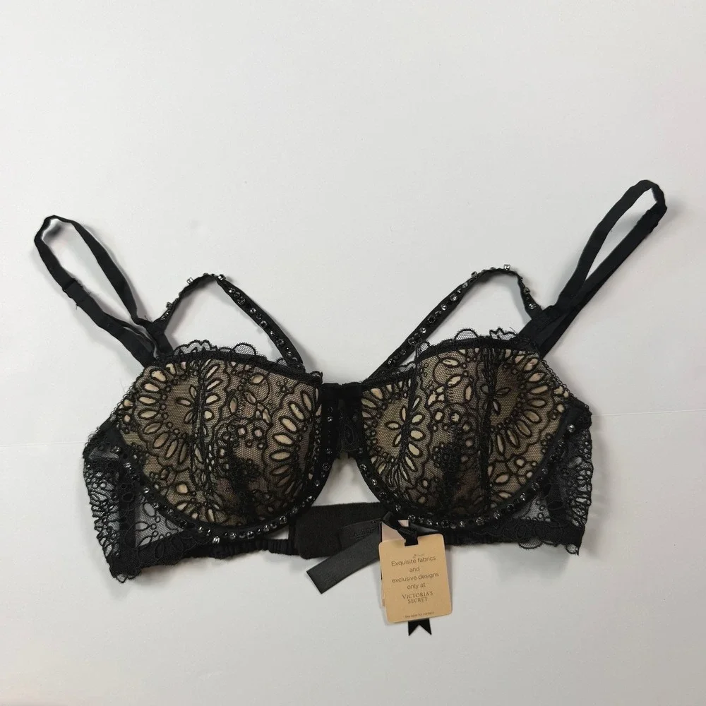 Victoria's Secret Gothic Glam Womens Rhinestone Studded Lace Cage Bra Black