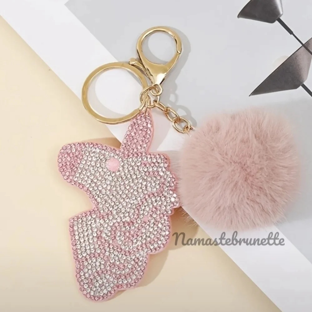 2/$16 Rhinestone Unicorn Pom Pom Keychain Bag Charm