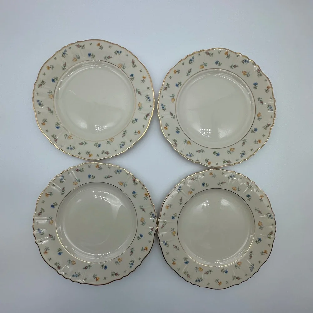 4 Syracuse China Suzanne Federal Shape Salad Plates Gold Rim Set of