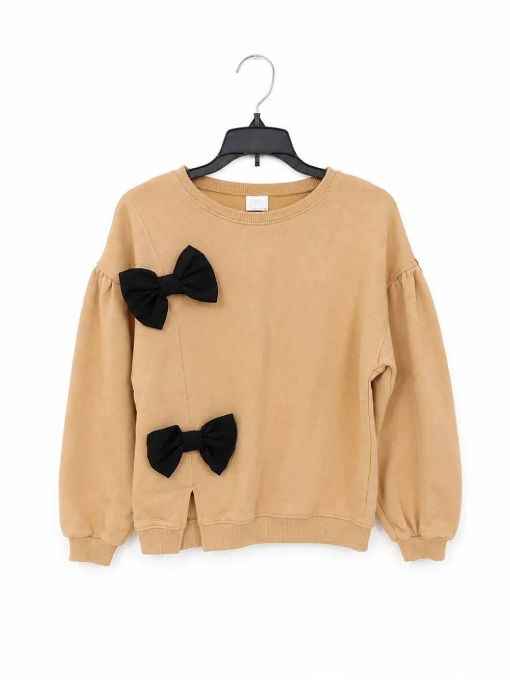 Zara Girls Bow Sweatshirt Tan Black Bows Puff Sleeve Size 13/14 EUC