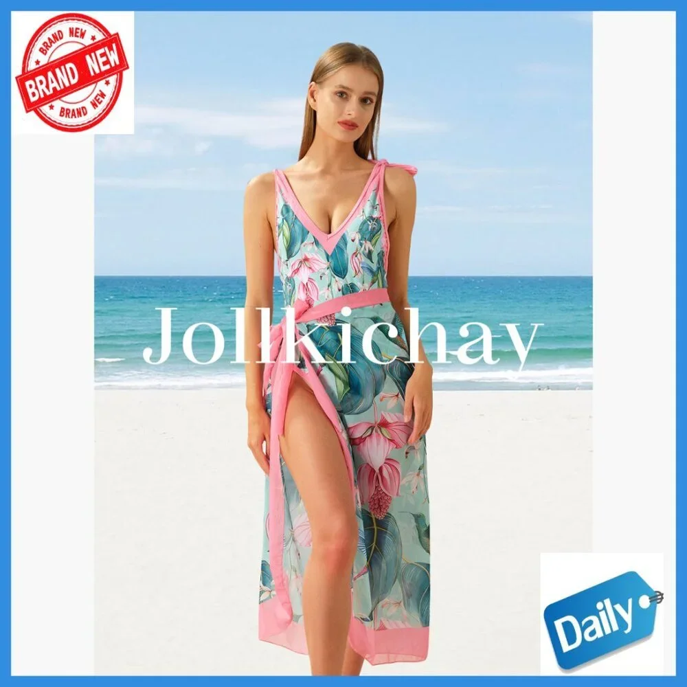 Floral One Piece Swimsuit with Sarong Cover Up Set Medium