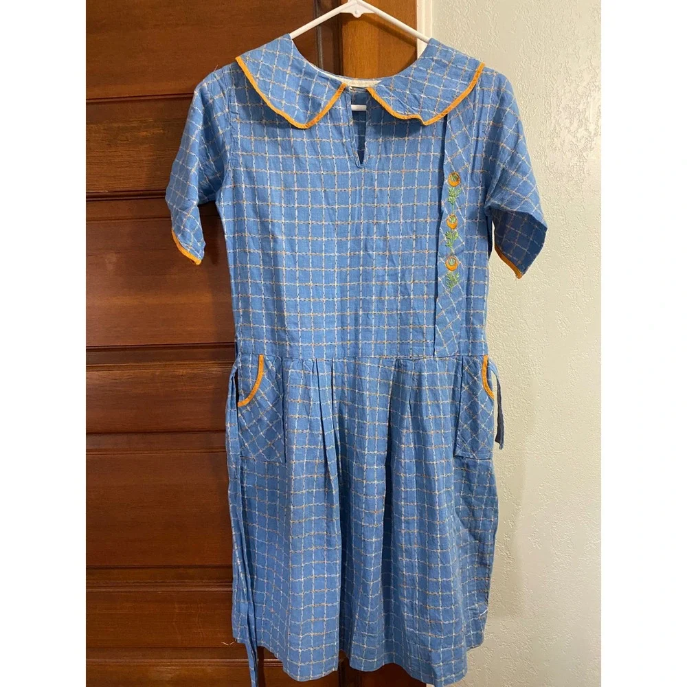 Vintage 20's/30's Plaid Girls Dress Cottagecore Pan Collar Floral Embroidery 14