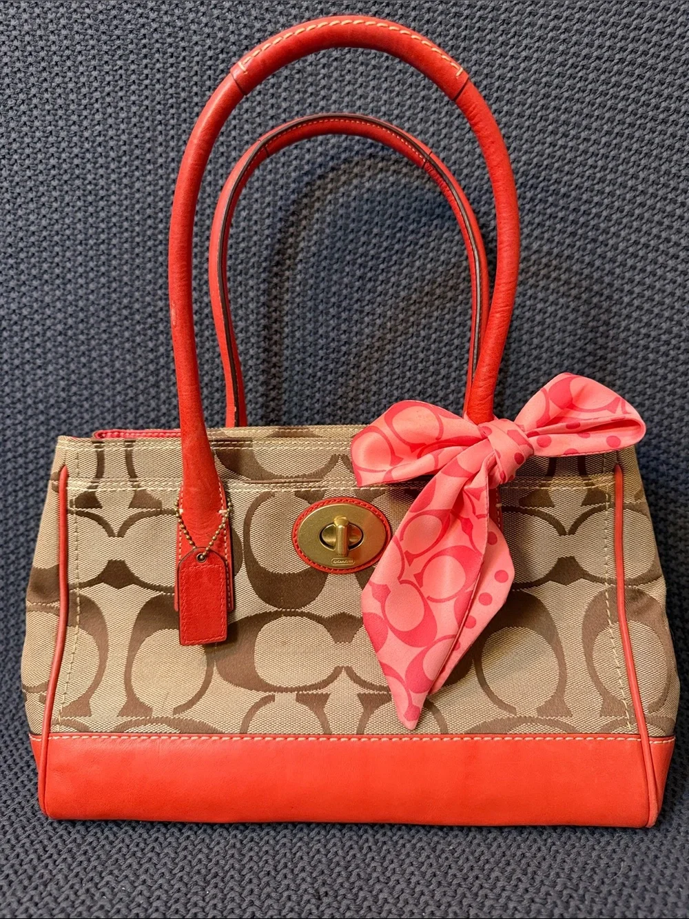 Coach Beige Signature Satchel with Coral Leather Trim and Coral Scarf