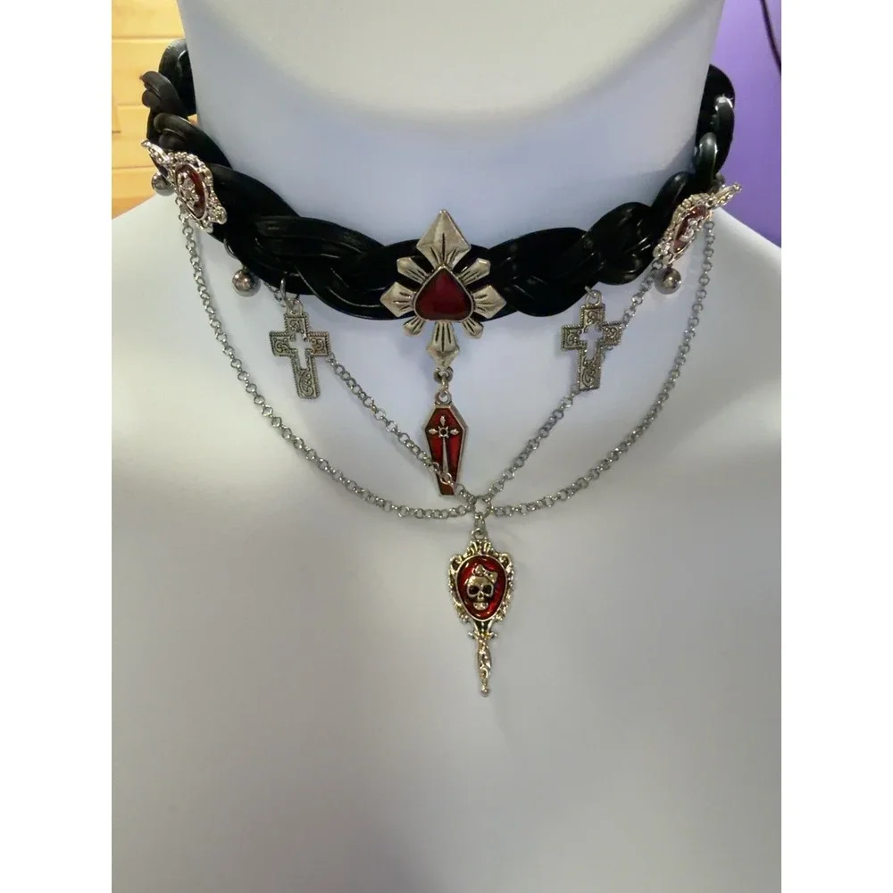 Gothic Vampire Choker Skull Coffin Cross Red Black Braided Necklace 13